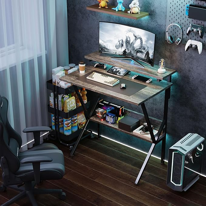 COTUBLR Small Desk, Small Computer Desk for Small Spaces, 27.5 Inch Computer Desk with Adjustable Monitor Stand, Compact Desk with Storage, Tiny Desk Study Desk for Bedroom Home Office, Grey