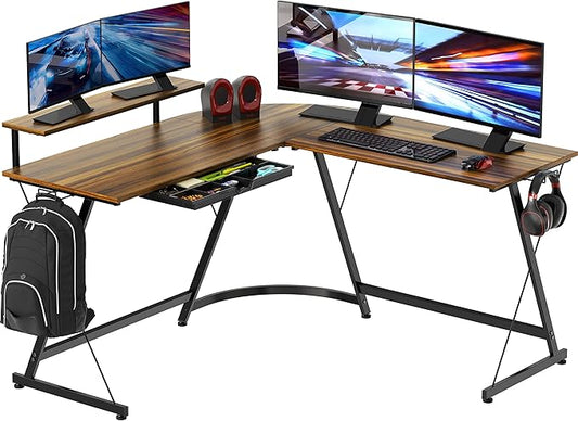 SHW Vista L-Shape Desk with Monitor Stand, Walnut