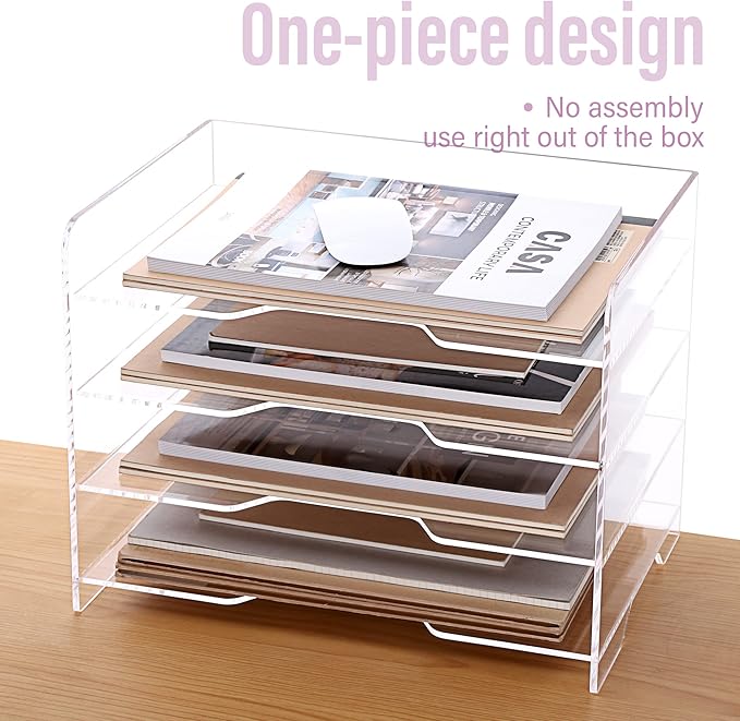 SANRUI Acrylic Paper Organizer Letter Tray for Desk, 4 Tier Enlarged File Sorter,Clear File Holder Desktop Shelf Document Storage for School Office Home