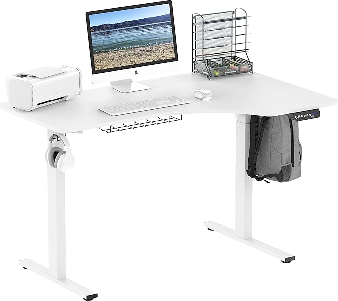 SHW 55-Inch L-Shaped Electric Height Adjustable L-Shaped Standing Desk with Right Facing Corner, White