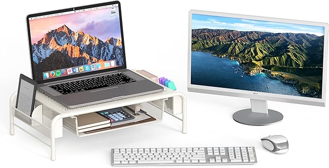 Simple Houseware Metal Desk Monitor Stand Riser with Organizer Drawer, White