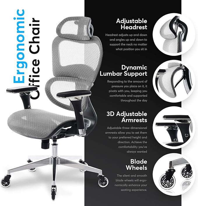 Oline ErgoPro Ergonomic Office Chair - Rolling Desk Chair with 4D Adjustable Armrest, 3D Lumbar Support and Blade Wheels - Mesh Computer Chair, Gaming Chairs, Executive Swivel Chair (Light Gray)