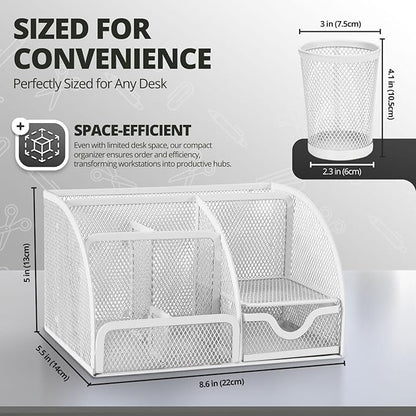 Flexzion Desk Top Caddy Organizer - White Office Desk Accessories Organizer and Storage - Metal Mesh Desk with 6 Compartments, Drawer and Pen Holder