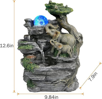 BEAMNOVA Tabletop Fountain,Relaxation Water Feature Feng Shui Indoor Fountain of Elephant Sculpture with Colorful Spinning Ball for Home Office Desktop Décor