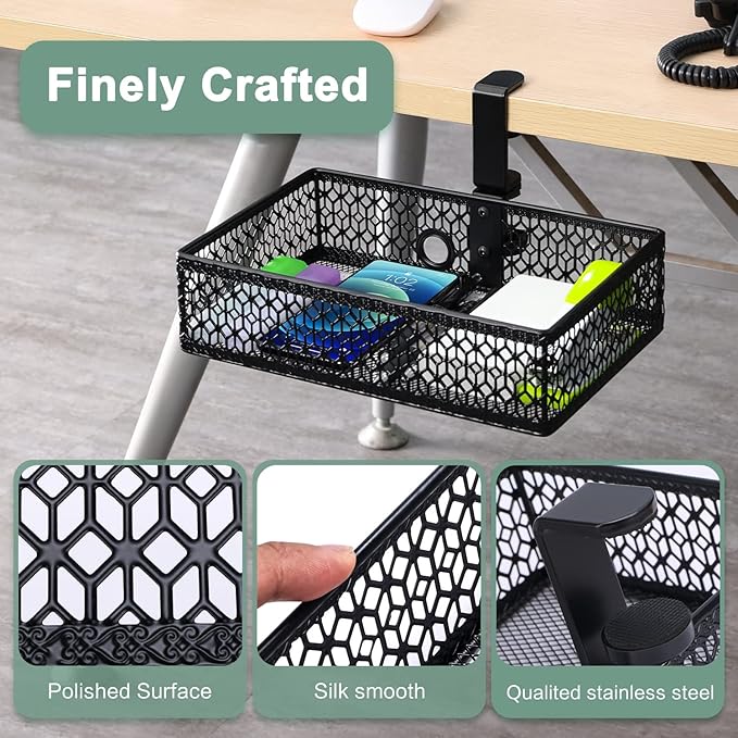 ROSYLINE Drawer Under Desk Storage Organizer, Clamp on Desk Drawer, Under Desk Storage, Clamp Drawer Basket, Hanging Desk Storage, Under Desk Mount Tray, Suitable for Multiple Scenes (Black)