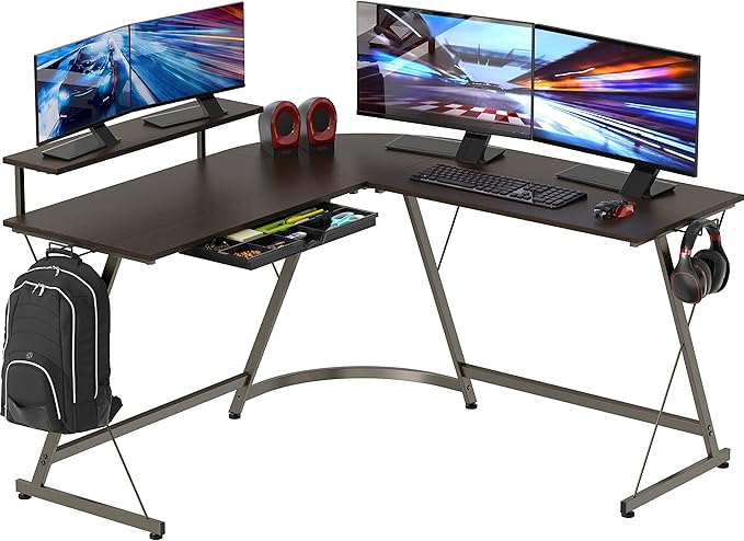 SHW Vista L-Shape Desk with Monitor Stand, Espresso