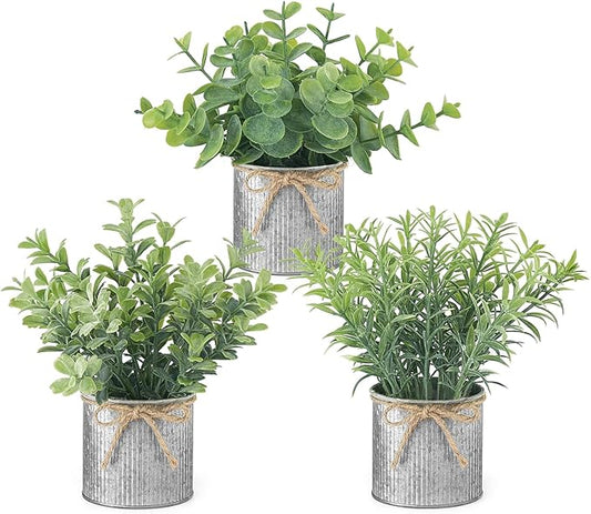 Mkono Mini Fake Plants in Farmhouse Galvanized Metal Pots 3 Pack Small Potted Artificial Plant Eucalyptus for Laundry Room Bathroom Shelf Table Decor