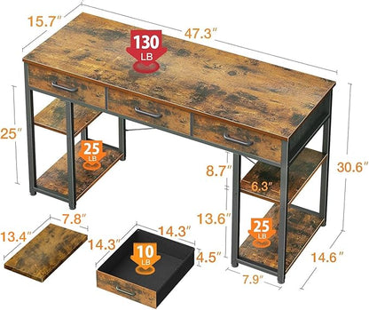 ODK Office Small Computer Desk: Home Table with Fabric Drawers & Storage Shelves, Modern Writing Desk, Vintage, 48"x16"