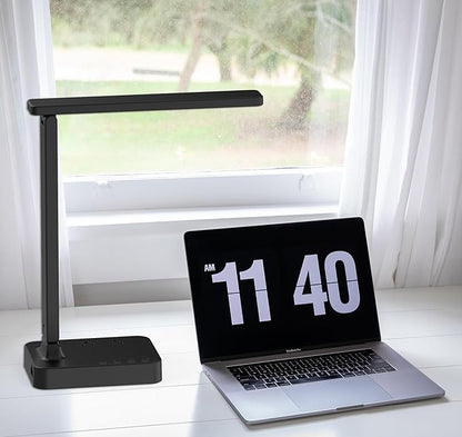 Drevet LED Desk Lamp, Desk Light with 1 USB Charging Port and 2 AC Power Outlet, 3 Lighting Modes, 3 Level Brightness,1H Timer, Touch Control, Eye-Caring Home Office Foldable Table Lamp (Black)