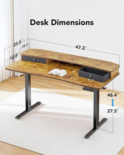 HUANUO 48″ x 24″ Electric Standing Desk with 2 Drawers, C-Clamp Mount Compatible, Height Adjustable Computer Desk, Home Office Stand Up Desk with 4 Preset Heights & 2 Hooks, Vintage Brown