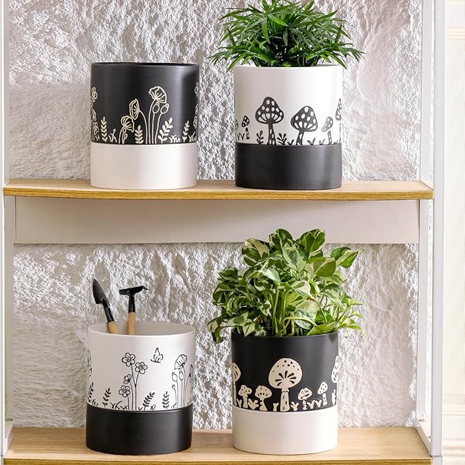 Nihow Self Watering Plant Pot: 6 Inch Ceramic Planter with Drainage Hole & Water Storage Plus for Indoor & Outdoor Plants - Cylinder Round Flower Pot for Succulent/Herbs/Violets -Black & White