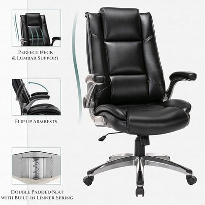 COLAMY Leather Executive Office Chair - High Back Home Computer Desk Chair with Padded Flip-up Arms, Adjustable Tilt Lock, Swivel Rolling Ergonomic Chair for Adult Working Study, Black