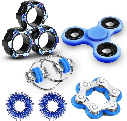 Fidget Toys Adults Pack 6Pcs, EDC Fidgeting Game for Kids Teen Cool Mini Gadget Desk Toys Figette Spinner Figits Rings Classroom ADHD Stress Anxiety Relief Toy Unique Gift for Boys Girls-Blue