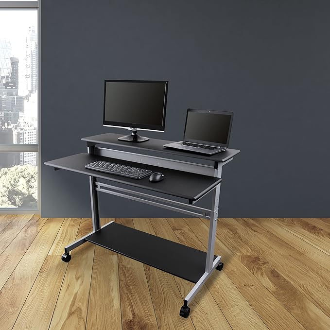 Stand Up Desk Store Rolling Adjustable Height Two Tier Standing Desk Computer Workstation (Silver Frame/Black Top, 48" Wide)