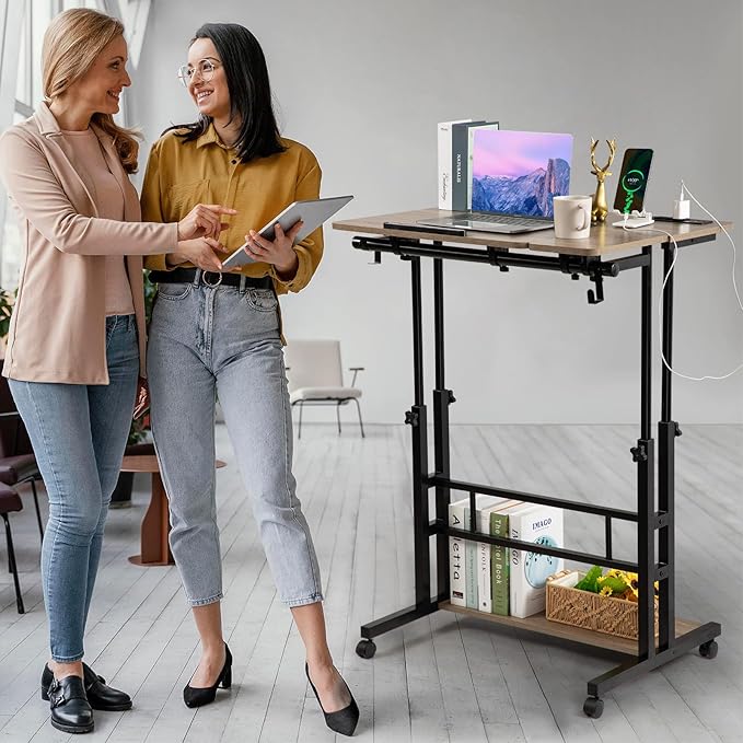 Hadulcet Stand Up Desk, Rolling Desk Adjustable Height, Mobile Standing Desk with Wheels & Charging Station Grey or Rustic Brown