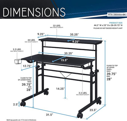 Techni Mobili Rolling Writing Desk with Height Adjustable Desktop and Moveable Shelf