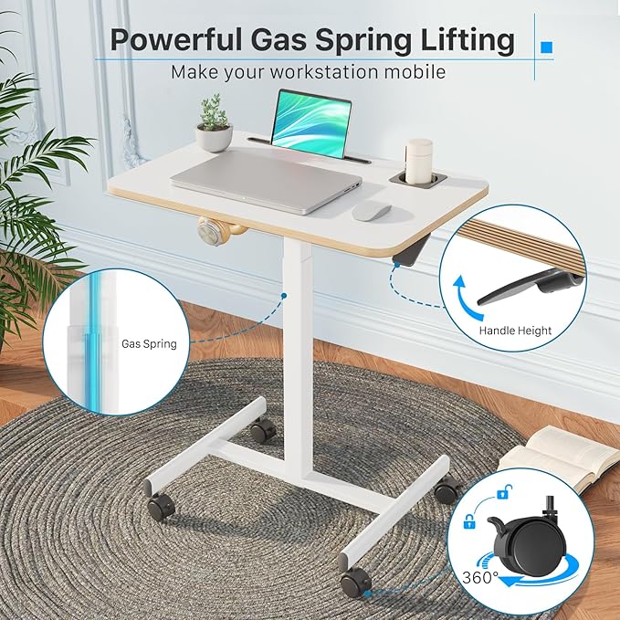 Mobile Standing Desk, Rolling Laptop Desk Adjustable Height with Cup Holder, 28 inch Portable Desk Workstation with 4 Lockable Wheels, White Desk with Hook and Slots for Home Office