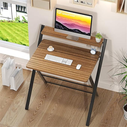 GreenForest Folding Desk No Assembly Required Large Size, 2-Tier Foldable Computer Desk with Shelf for Home Office, Space Saving Portable Laptop Study Foldable Table for Bedroom, Espresso