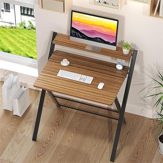 GreenForest Folding Desk No Assembly Required Large Size, 2-Tier Foldable Computer Desk with Shelf for Home Office, Space Saving Portable Laptop Study Foldable Table for Bedroom, Walnut