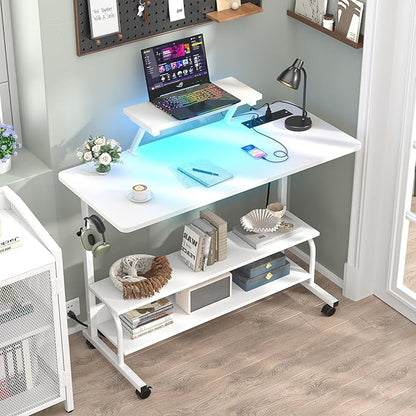 Height Adjustable Standing Desk with Power Outlets and LED Lights - 39" Manual Stand Up Desk with Monitor Stand and Storage Shelves Small Mobile Rolling Computer Desk Portable Laptop Table, White