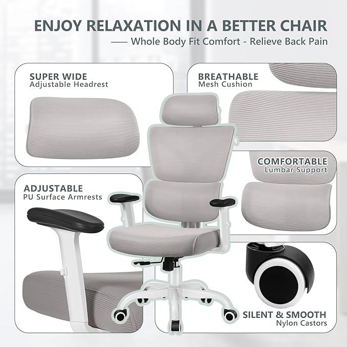 Office Chair Ergonomic Desk Chair, High Back Gaming Chair, Big and Tall Reclining Chair Comfy Home Office Desk Chair Lumbar Support Breathable Mesh Computer Chair Adjustable Armrests (Gray)