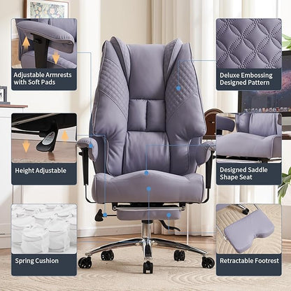 Big and Tall Office Chair 400lbs Wide Seat, Leather High Back Executive Office Chair with Foot Rest, Ergonomic Office Chair Lumbar Support for Lower Back Pain Relief (Light Purple)