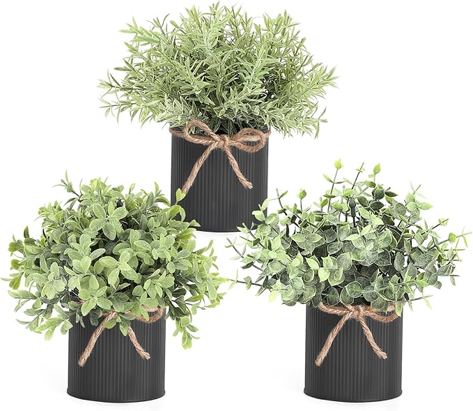 Mkono Fake Plants in Farmhouse Galvanized Metal Pots Table Centerpiece Rustic Home Decor, 3 Pack Potted Artificial Plants Faux Eucalyptus for Shelf Indoor Dining Room Office