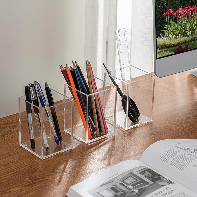 MyGift Modern Premium Clear Acrylic Desktop Pen Pencil Cup, Transparent Rectangular Office Desk Stationery Supplies Storage Organizer Holder, Set of 3