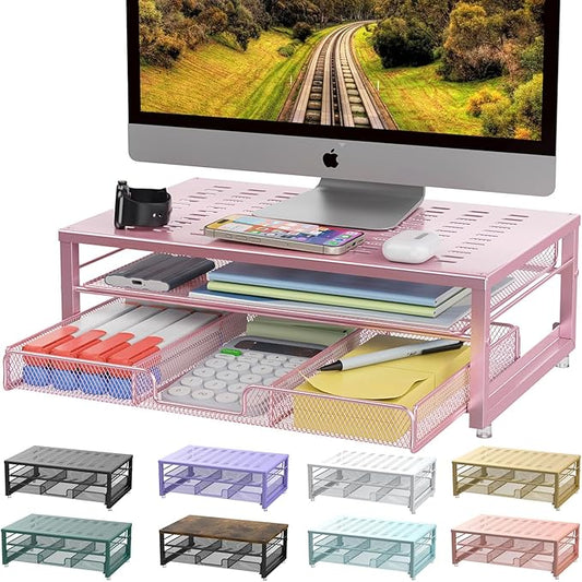 gianotter Computer Monitor Stand Riser, Desk Organizers and Accessories with Drawer, Office Desk Accessories & Workspace Desktop Organizers Storage for Classroom Office Supplies Decor (Pink)