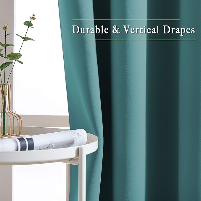 NICETOWN Blackout Curtains for Kids Room - Triple Weave Microfiber Home Thermal Insulated Solid Ring Top Blackout Panels/Drapes for Bedroom(Sea Teal, Set of 2, 52 x 54 Inch)