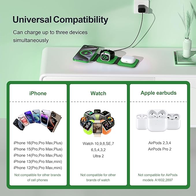 UCOMX 3 in 1 Charging Station for Multple Devices,Foldable 3 in 1 Wireless Charger for Travel,Nano Wireless Charging Station for iPhone16 15 14 13 12 Pro Max/Watch 10 9 8 7 6 5 4 3 Ultra/AirPod Pro