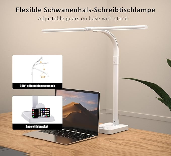 Led Desk Lamp for Home Office, Double Head Desk Lamp with Base, 24W-5 Color Modes and 5 Dimmable Dimming Lighting Desk Light, Eye-Caring Modern Task Lamp for Architect Study Drafting Reading