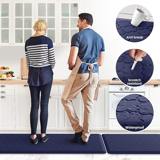 Kitchen Mat [2 PCS] Cushioned Anti-Fatigue Floor Mat, Waterproof Non-Skid Kitchen Mats and Rugs, Ergonomic Comfort Foam Kitchen Rugs, Standing Mat for Floor,Office, Sink(Blue,17.3"x28"+17.3"x60")