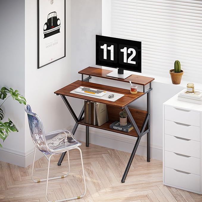 ODK Small Desk, 27.5 Inch Small Computer Desk for Small Spaces, Compact Desk with Storage, Tiny Desk Study Desk with Monitor Stand for Home Office, Espresso