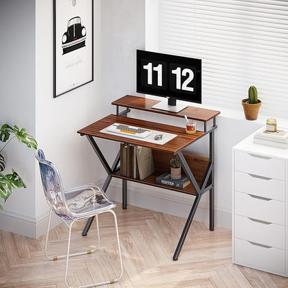 ODK Small Desk, 27.5 Inch Small Computer Desk for Small Spaces, Compact Desk with Storage, Tiny Desk Study Desk with Monitor Stand for Home Office, Espresso