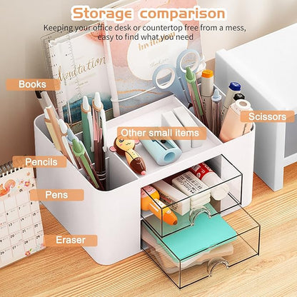 Pencil Pen Holder for Desk,2 Drawer Desk Organizers,5 Compartments Desktop Storage Stationery Supplies Organizer, Cute Pencil Cup Pot For Office, School, Home(White)