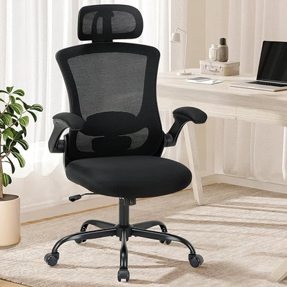 Ergonomic Mesh Office Chair, High Back Executive Desk Chair with Adjustable Headrest and Lumbar Support, Flip-Up Arms, Rocking, Swivel Rolling Computer Mesh Chair for Home Office-All Black