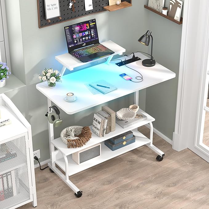 Height Adjustable Standing Desk with Power Outlets and LED Lights - 32" Manual Stand Up Desk with Monitor Stand and Storage Shelves Small Mobile Rolling Computer Desk Portable Laptop Table, White