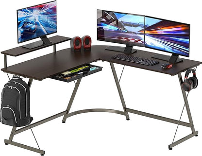 SHW Vista L-Shape Desk with Monitor Stand, Espresso