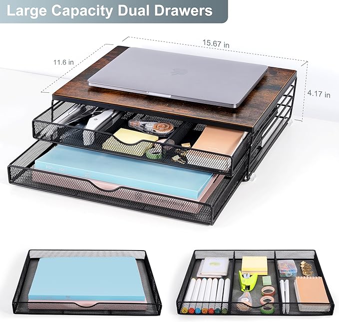 ARCOBIS Wood Monitor Riser with Drawers, Mesh Metal Computer Monitor Stand Riser with Storage for Desk, Max Load Capacity 40LB, 2 Drawers, Rustic Brown