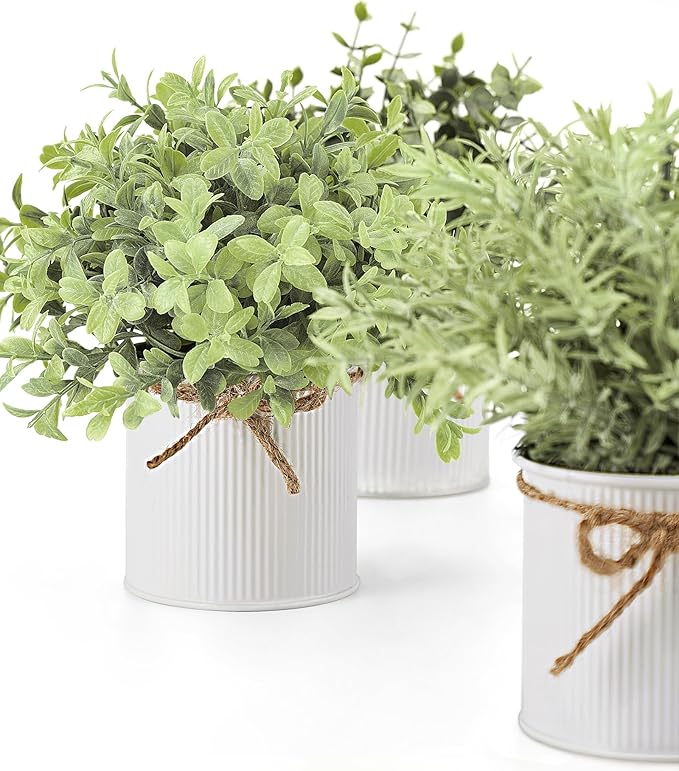 Mkono Fake Plants in Farmhouse Galvanized Metal Pots Table Centerpiece Rustic Home Decor, 3 Pack Potted Artificial Plants Faux Eucalyptus for Shelf Indoor Dining Room Office