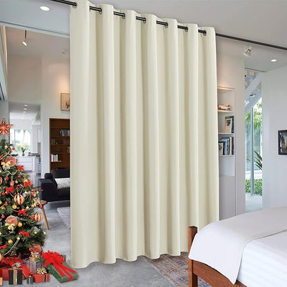 RYB HOME Privacy Curtain for Sliding Glass Door, Light Block Noise Reduce Insulated Curtain Screen Ceiling to Floor for Locker Room Basement Bedroom Closet, 100 inch Wide x 90 inch Long, Beige