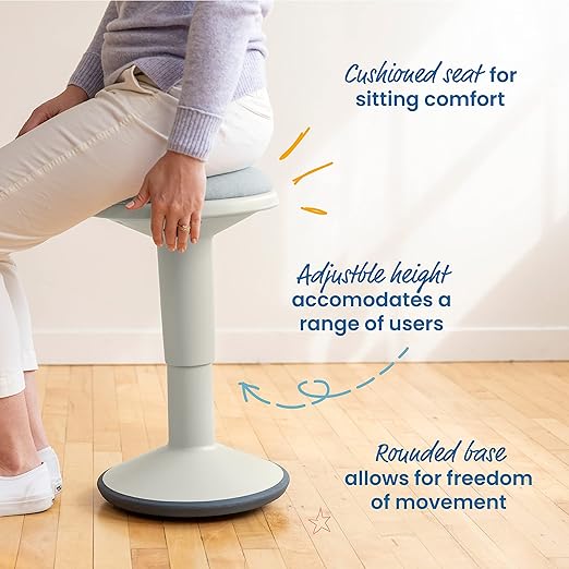 ECR4Kids Sitwell Wobble Stool with Cushion, Adjustable Height, Active Seating, Light Grey