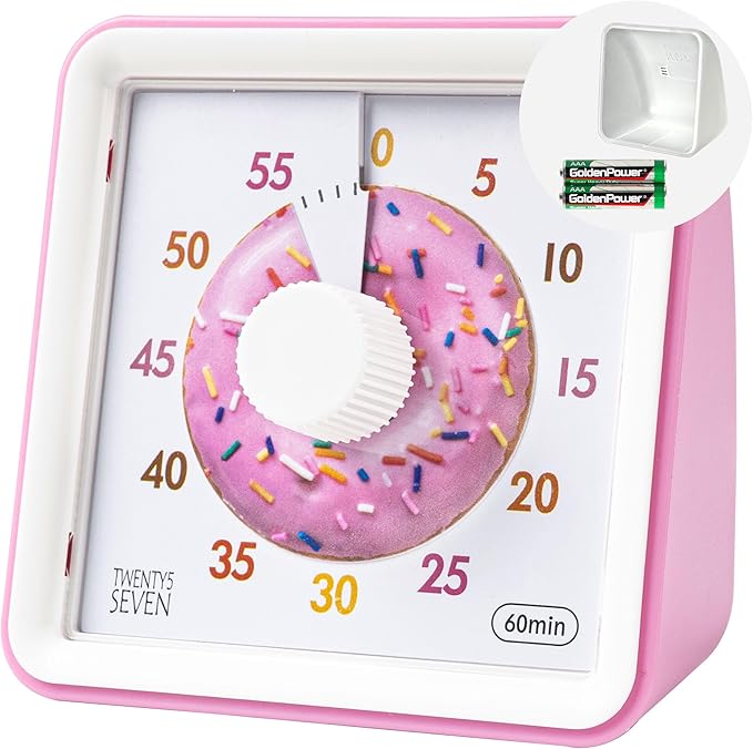 Visual Timer with Protective Case, 60-Minute Countdown Timer for Kids Autism ADHD Classroom Home Office, Countdown Clock for Teaching Work Meeting Time Management with Pink Donut Pattern