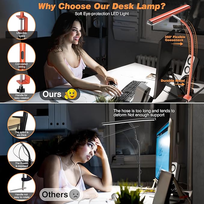 LED Desk Lamp for Office Home, Eye-Caring Desk Light with Stepless Dimming Adjustable Flexible Gooseneck, 10W USB Adapter Desk Lamp with Clamp for Reading, Study, Workbench (Orange)