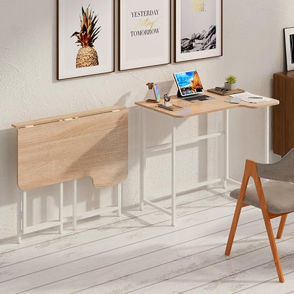 4NM 35.4" Small L Shaped Desk, Folding Computer Desk Home Office Desk, Foldable Bed Desk for Laptop for Small Space Offices - Natural and White