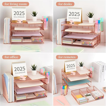 gianotter Paper Letter Tray Organizer with File Holder, 4-Tier Desk Accessories & Workspace Desk Organizers with Drawer and 2 Pen Holder for Office Supplies (Rose Gold)