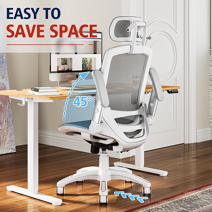 GABRYLLY Ergonomic Office Chair, High Back Home Desk Chair with Headrest, Flip-Up Arms, 90-120° Tilt Lock and Wide Cushion, 400LBS Mesh Chairs for Man Woman, White Task Chair(Dark Grey,GY01WDG)