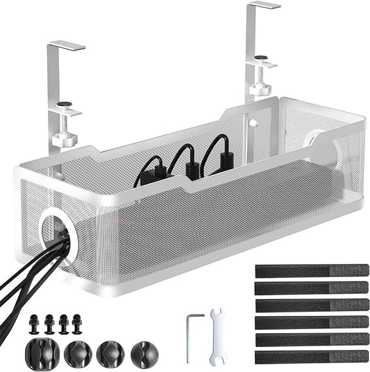 Under Desk Cable Management Tray White, Cinati Cable Management Under Desk No Drill, Cable Tray with Clamp for Desk Wire Management,Desk Cable Management Box for Office, Home - No Damage to Desk