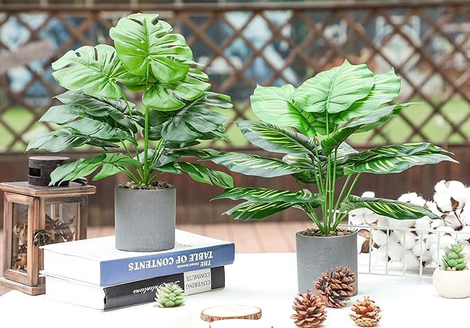 2 pcs 16" Fake Plants Medium Artificial Plants in Pots Faux Plants Indoor for Home Office Bedroom Desk Kitchen Windowsill Sage Green Decor